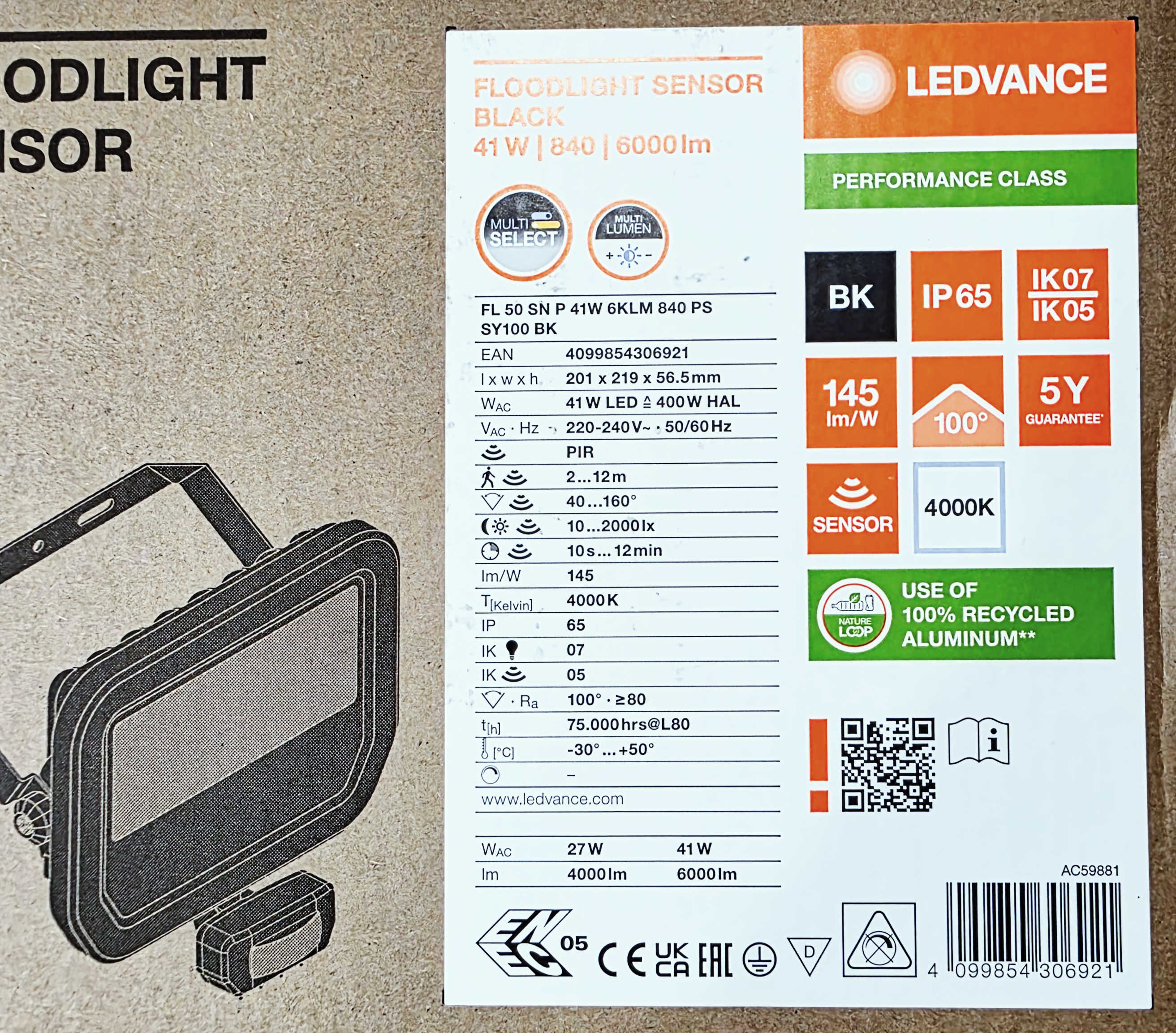 41w Šviestuvas LED prožekt 41W 41W-27W 4000K IP65 su davikliu 6000lm-4000lm ...